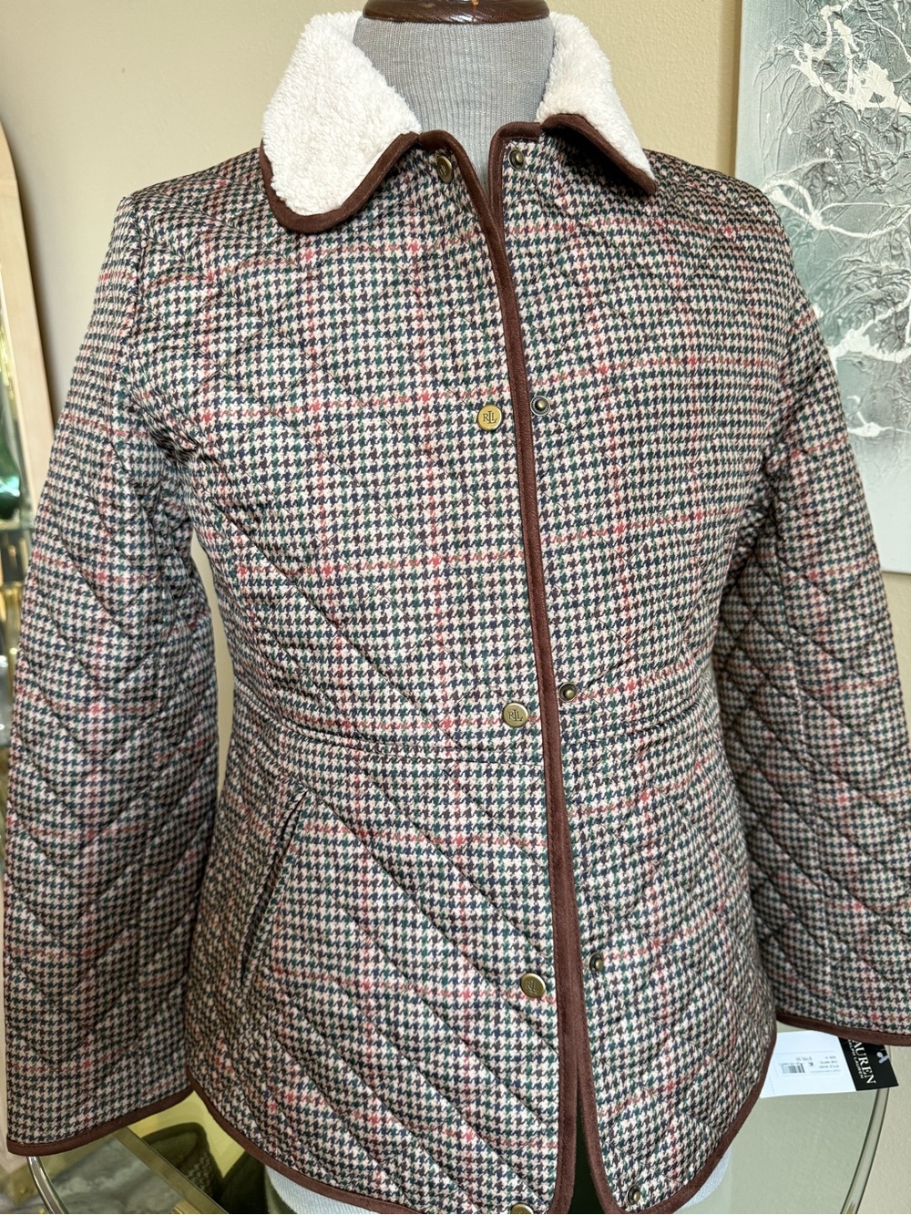 Lauren Ralph Lauren Faux-Shearling-Trim Quilted Jacket Houndstooth Multicolor &